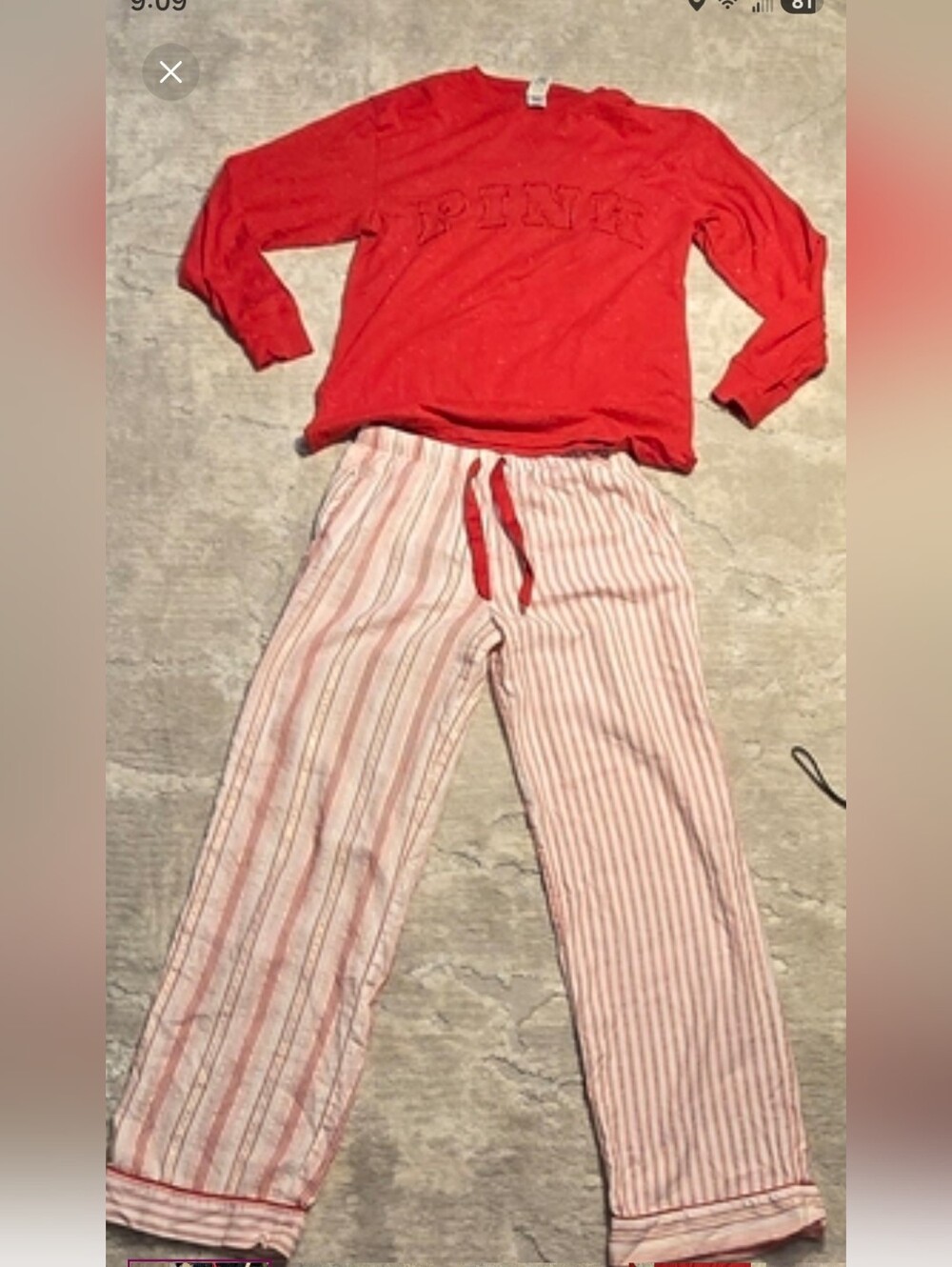 PINK Victoria's Secret Red Long-Sleeve Top with Red & White Striped Pajama Pants